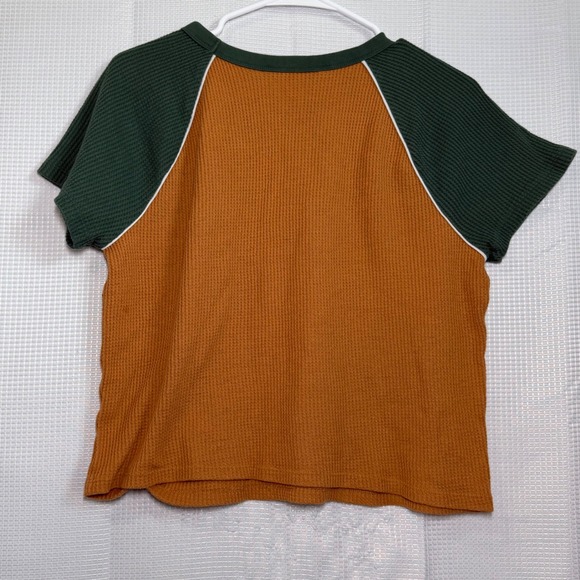 SO Waffle Knit Top XXL Orange Green Raglan Short Sleeve Colorblock - Picture 2 of 5